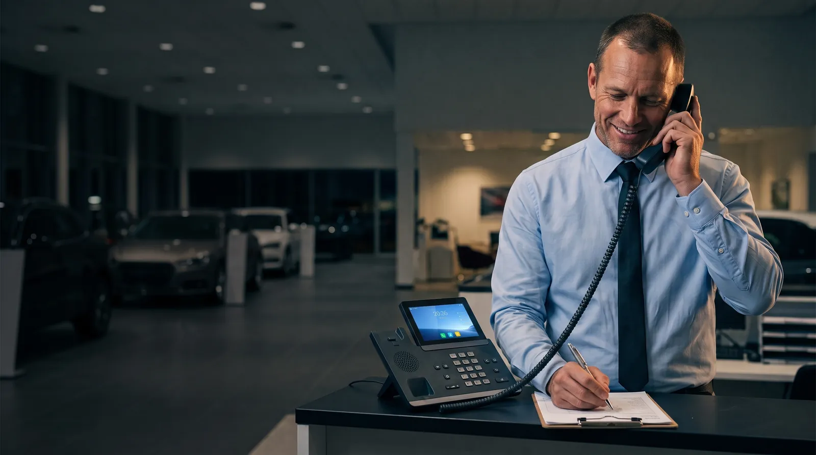 Service advisor at a car dealership counter talking on a business desk phone