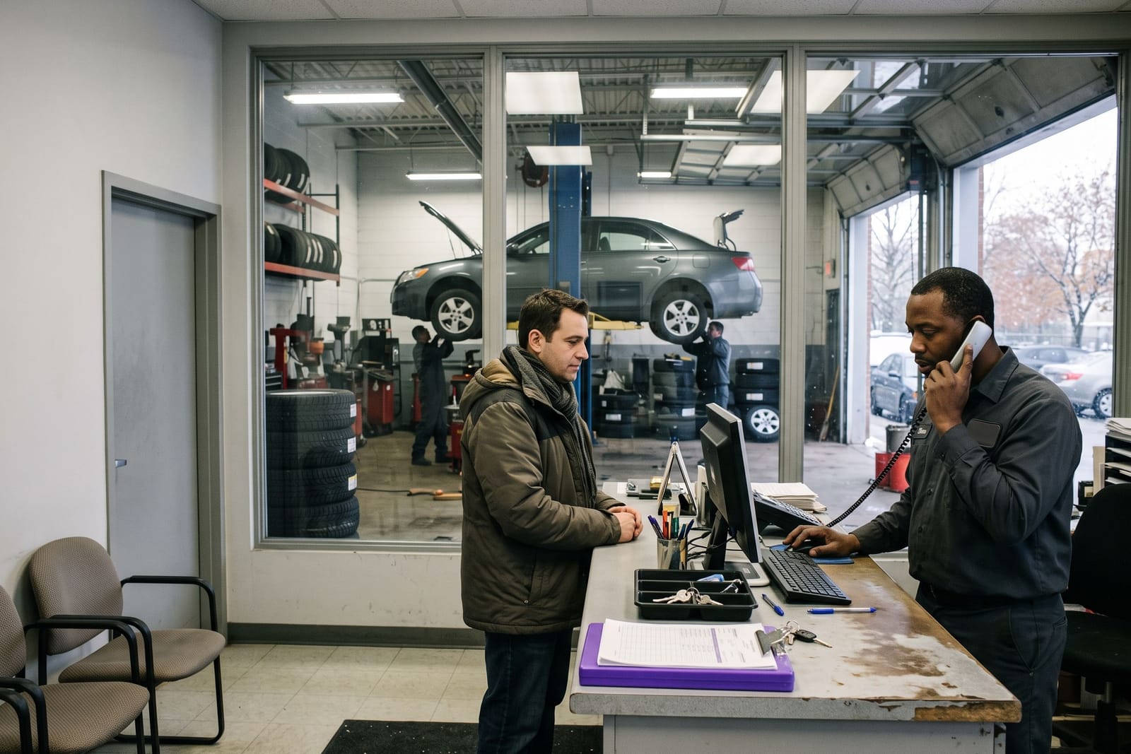 Service advisor at an auto repair counter holding a cordless phone