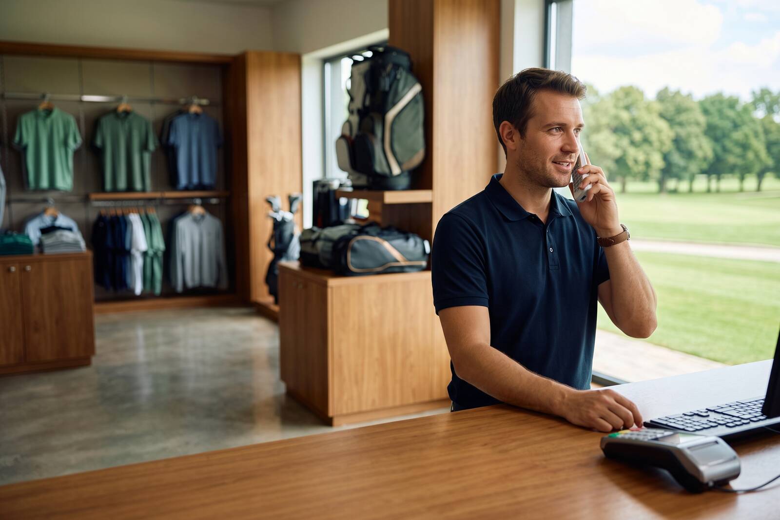 Golf pro shop staff member talking on a cordless phone at the counter
