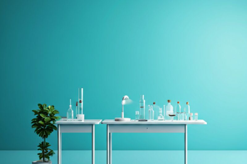 White lab tables with glass bottles, a desk lamp and a potted plant against a teal wall