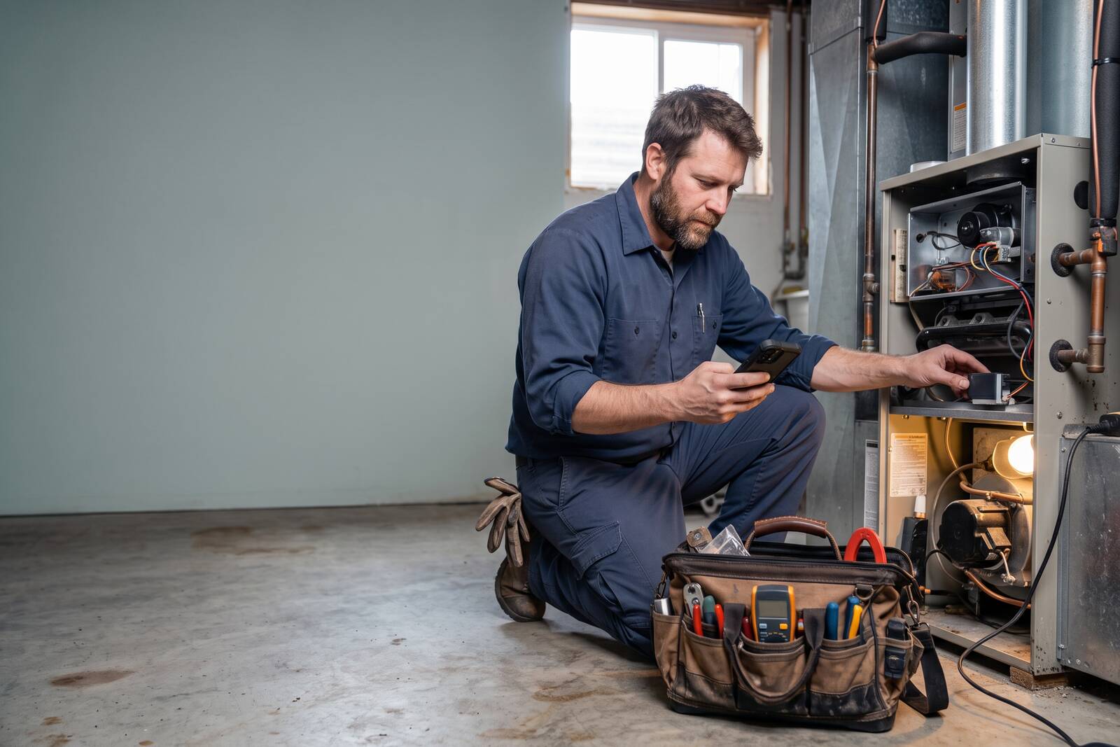 HVAC technician checking a service call on his phone beside a residential furnace