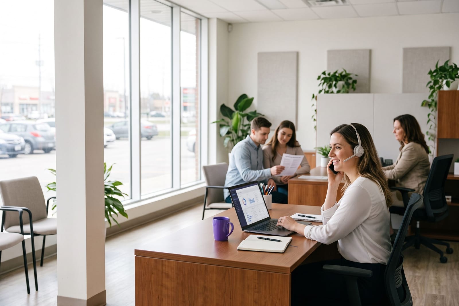 Insurance customer service representative on a headset in a brokerage office