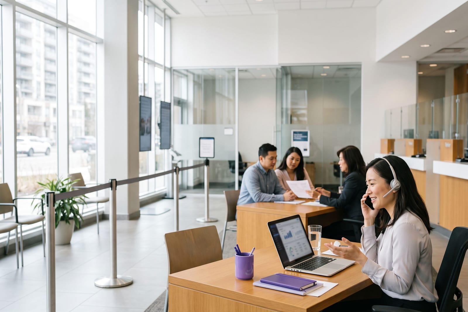 Mortgage agent on a headset in a brokerage office