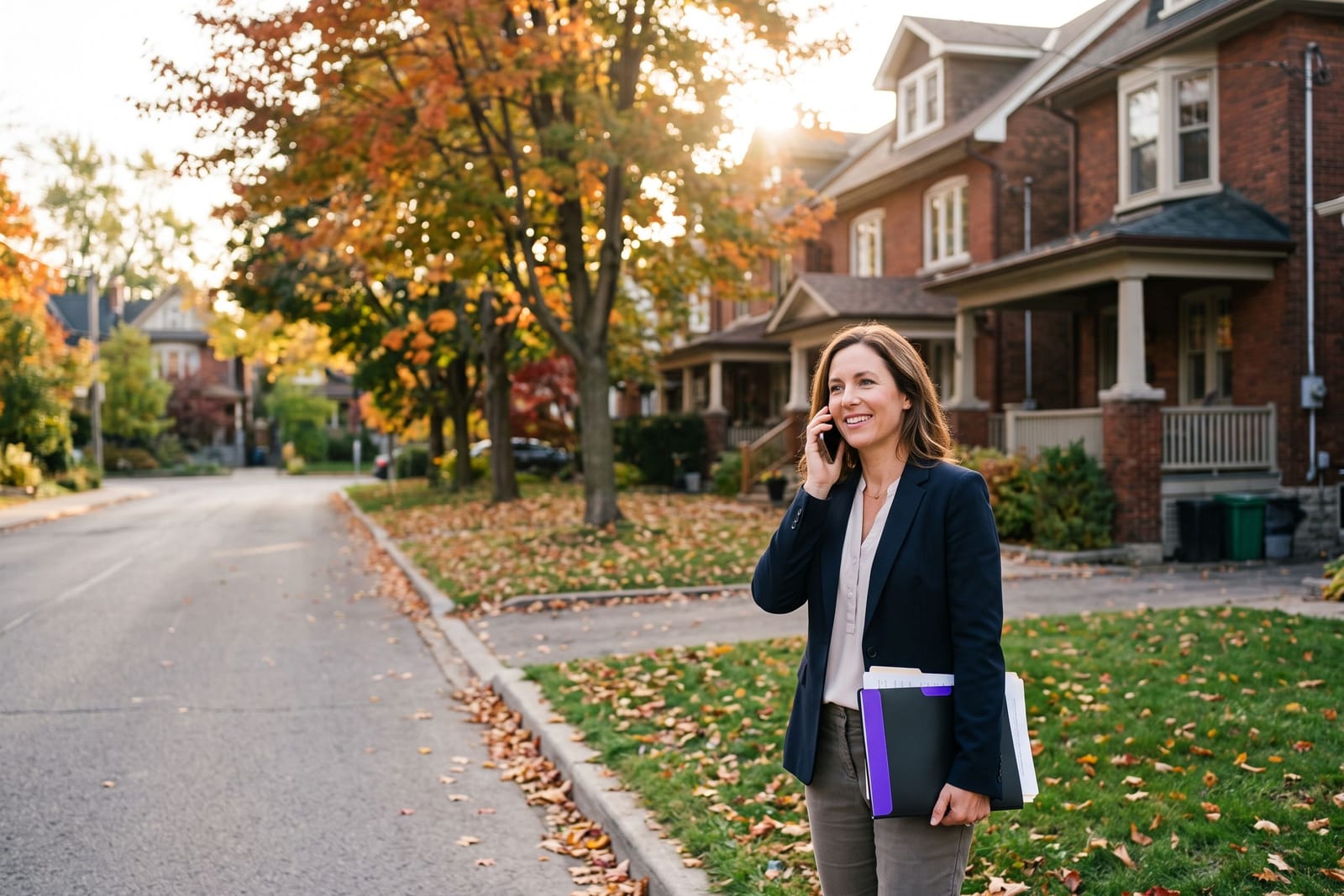Real estate agent beside a For Sale sign answering a call on her phone
