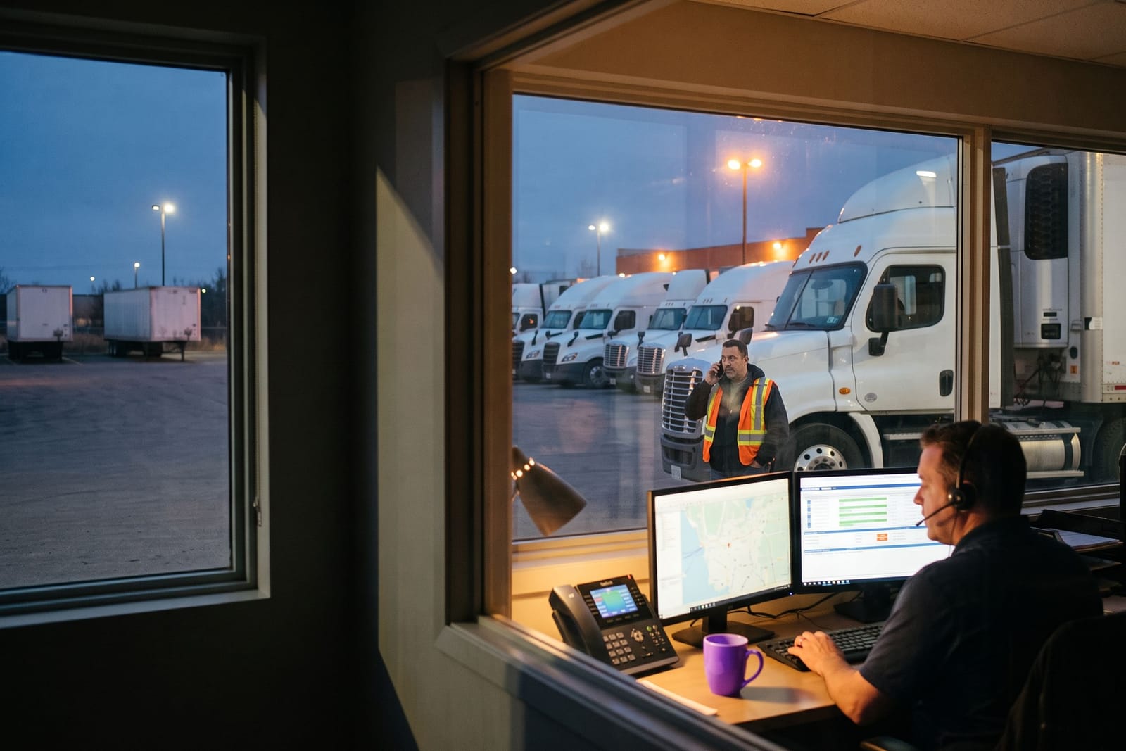 Dispatcher on a headset in a trucking yard office at dusk