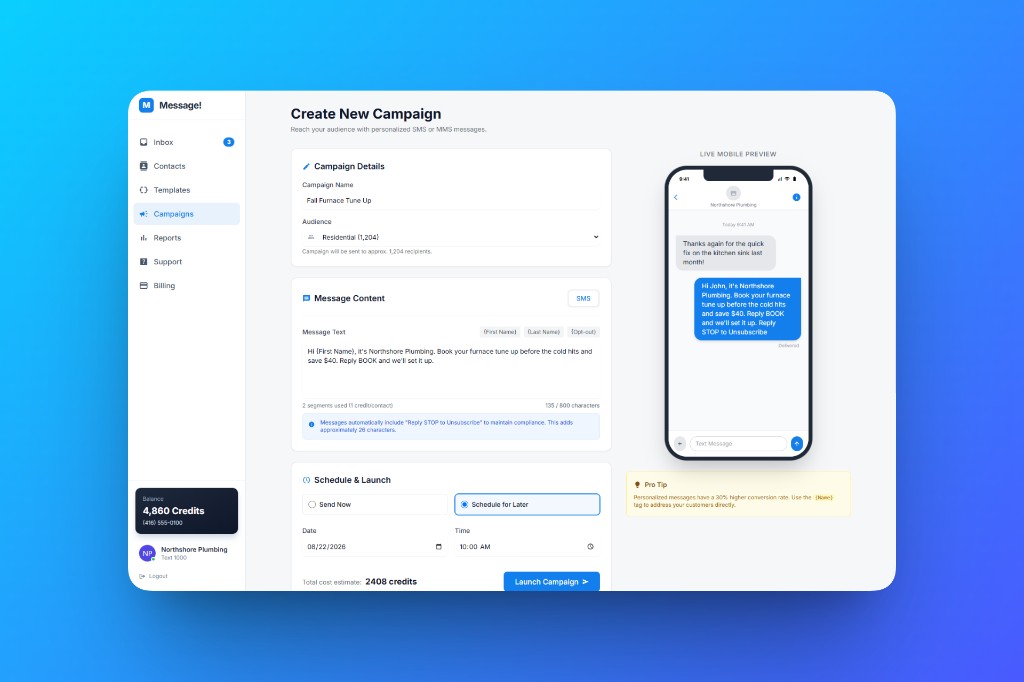 SMS portal campaign composer with live phone preview
