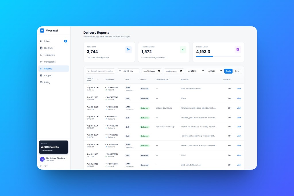 SMS portal delivery reports with sent, received, and credit totals